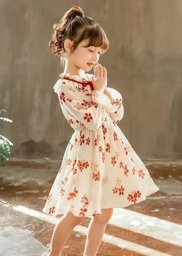 Stylish Red Ruffled Print Lace Up Chiffon Girls Dresses Flare Sleeve XZ098 FALL-MM-RCTZ-FDGL240618