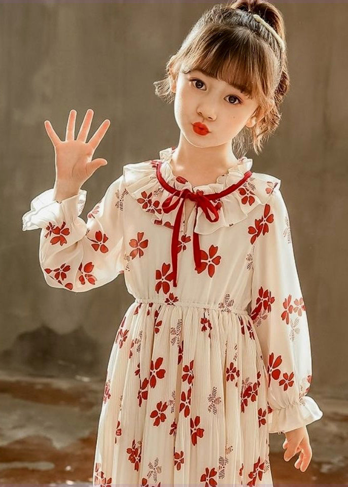 Stylish Red Ruffled Print Lace Up Chiffon Girls Dresses Flare Sleeve XZ098 FALL-MM-RCTZ-FDGL240618