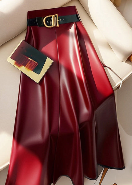 Stylish Red Sashes Solid High Waist Faux Leather Skirts Winter RK019 ABC