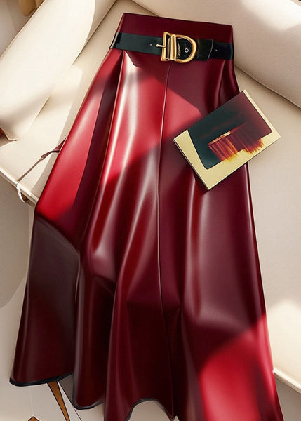 Stylish Red Sashes Solid High Waist Faux Leather Skirts Winter RK019 ABC
