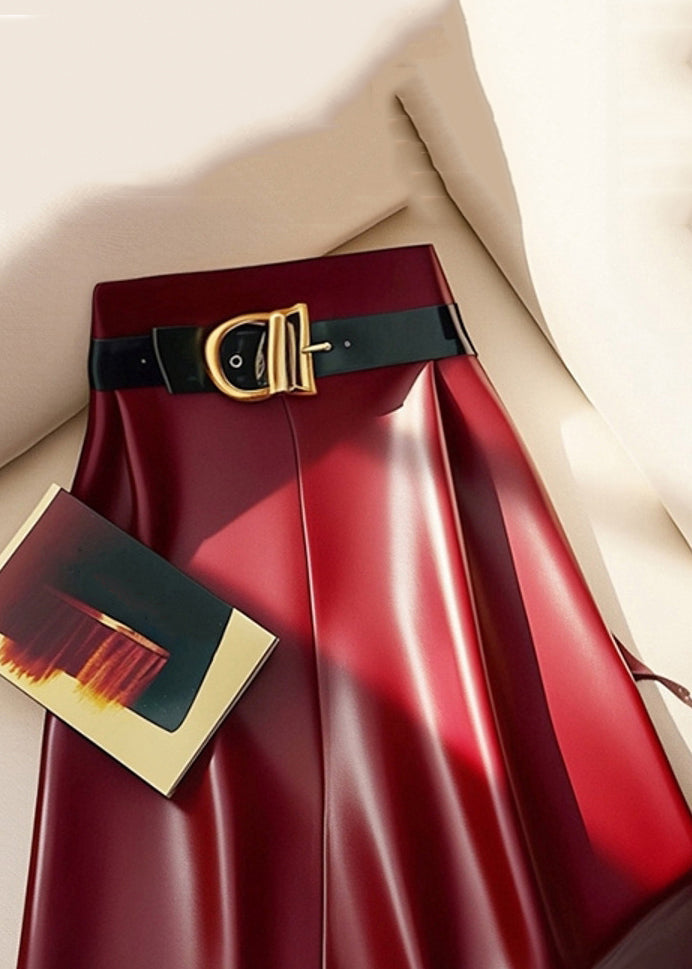 Stylish Red Sashes Solid High Waist Faux Leather Skirts Winter RK019 ABC