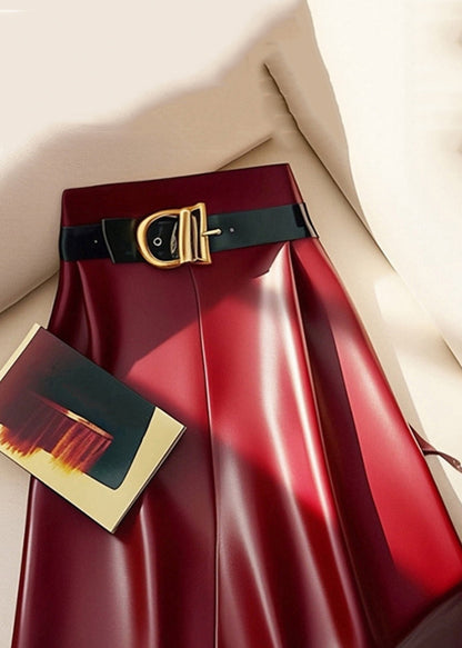 Stylish Red Sashes Solid High Waist Faux Leather Skirts Winter RK019 ABC