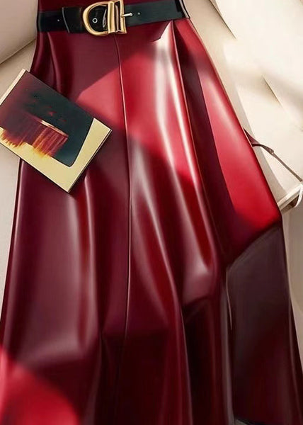 Stylish Red Sashes Solid High Waist Faux Leather Skirts Winter RK019 ABC