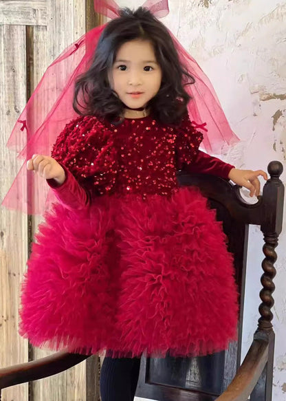 Stylish Red Silk Velour Sequins Tulle Kids Long Dress Winter RP031 ABC