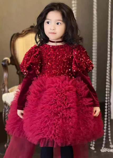 Stylish Red Silk Velour Sequins Tulle Kids Long Dress Winter RP031 ABC