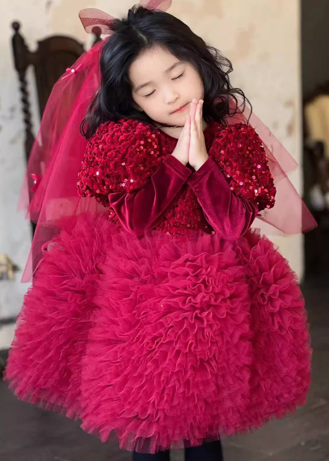 Stylish Red Silk Velour Sequins Tulle Kids Long Dress Winter RP031 ABC