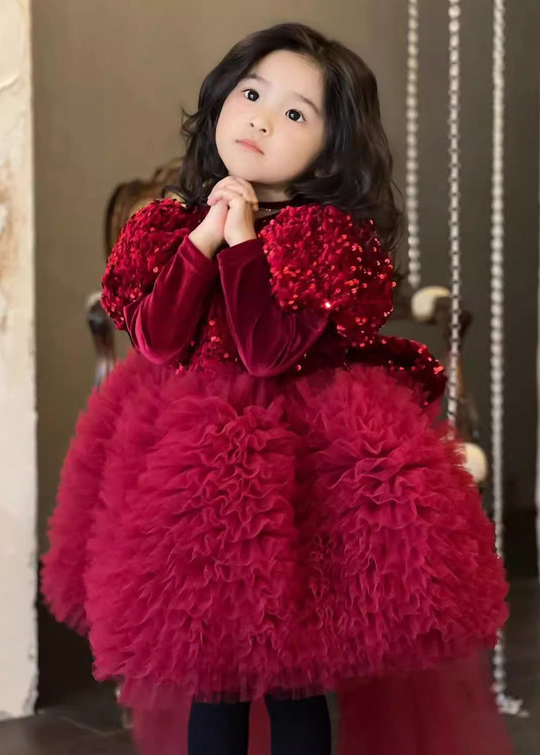 Stylish Red Silk Velour Sequins Tulle Kids Long Dress Winter RP031 ABC