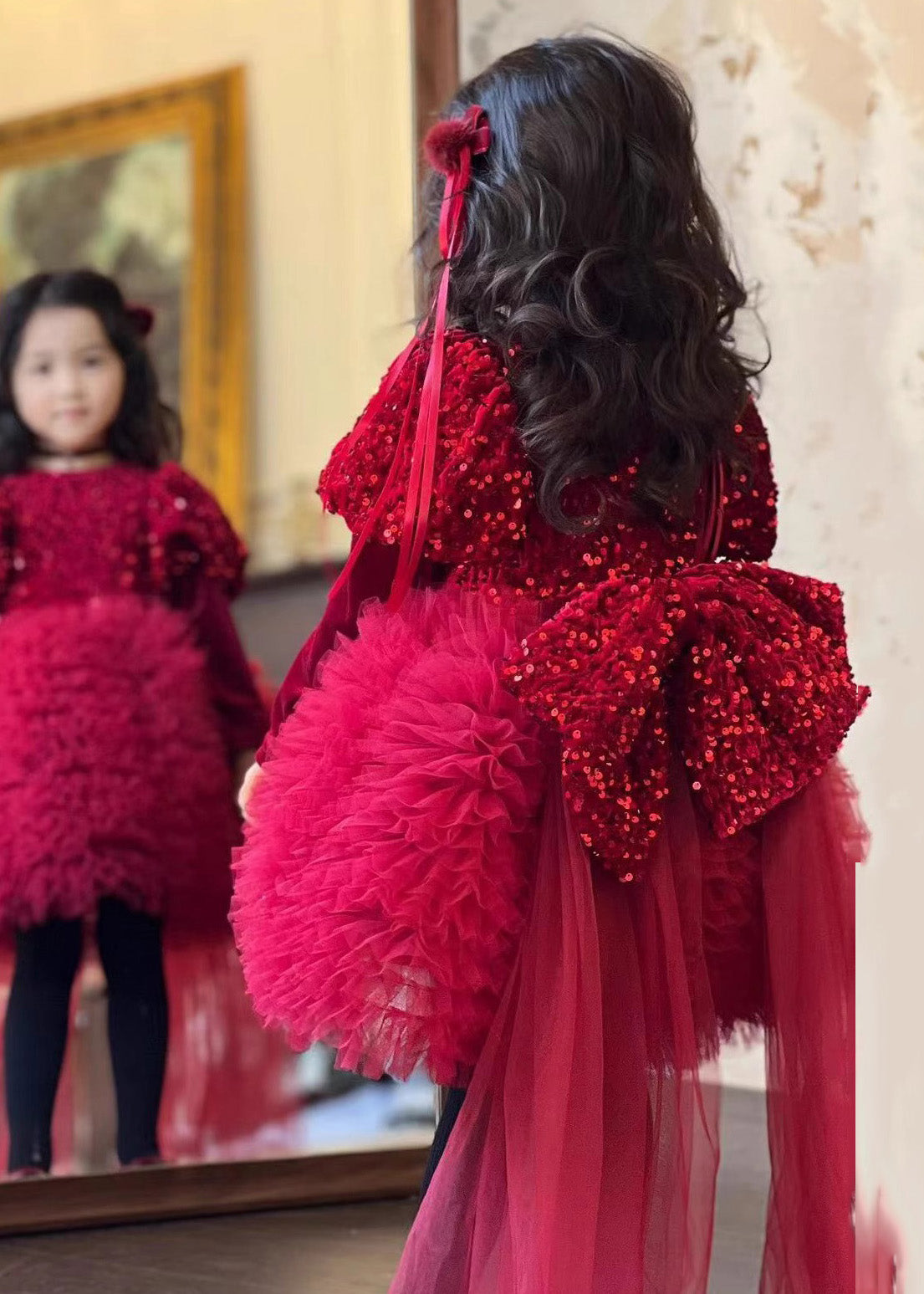 Stylish Red Silk Velour Sequins Tulle Kids Long Dress Winter RP031 ABC