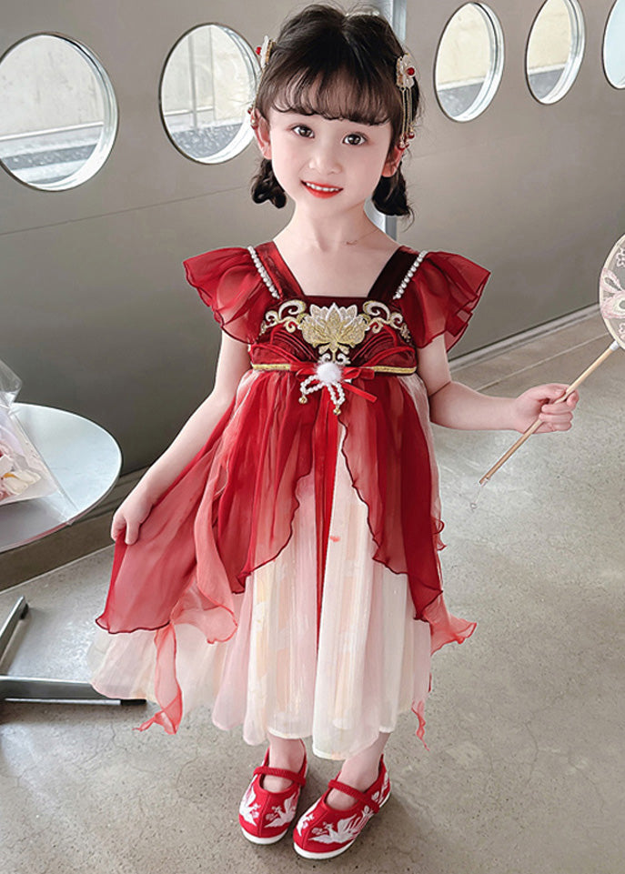 Stylish Red Square Collar Nail Bead Patchwork Chiffon Kids Long Dress Short Sleeve GF019 MM-RCTZ-SDL230724