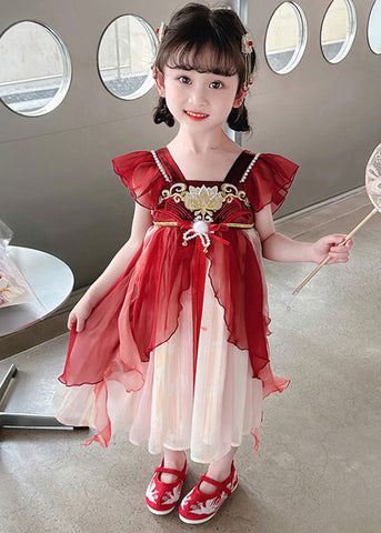 Stylish Red Square Collar Nail Bead Patchwork Chiffon Kids Long Dress Short Sleeve GF019 MM-RCTZ-SDL230724
