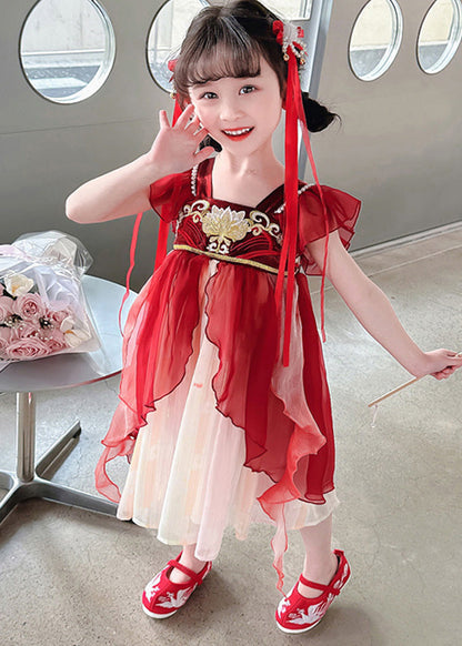 Stylish Red Square Collar Nail Bead Patchwork Chiffon Kids Long Dress Short Sleeve GF019 MM-RCTZ-SDL230724