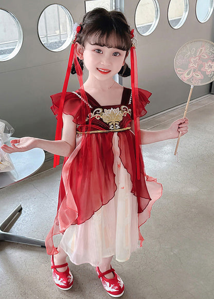 Stylish Red Square Collar Nail Bead Patchwork Chiffon Kids Long Dress Short Sleeve GF019 MM-RCTZ-SDL230724