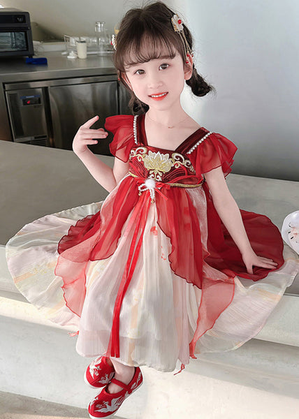 Stylish Red Square Collar Nail Bead Patchwork Chiffon Kids Long Dress Short Sleeve GF019 MM-RCTZ-SDL230724