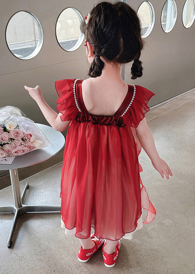 Stylish Red Square Collar Nail Bead Patchwork Chiffon Kids Long Dress Short Sleeve GF019 MM-RCTZ-SDL230724