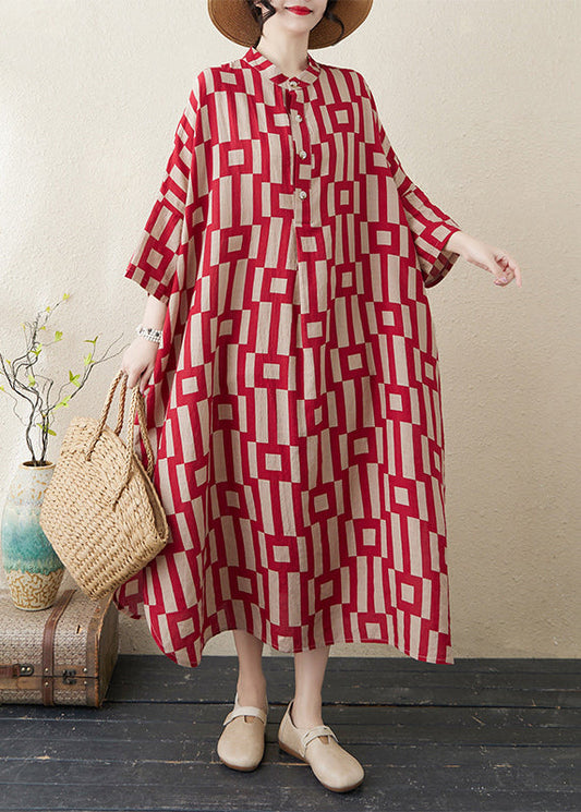 Red Side Open Collar Stylish Stand Striped Bracelet Dress Long FashionChic