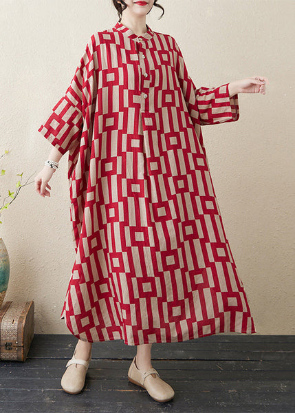 Red Side Open Collar Stylish Stand Striped Bracelet Dress Long FashionChic