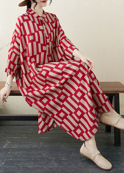 Red Side Open Collar Stylish Stand Striped Bracelet Dress Long FashionChic