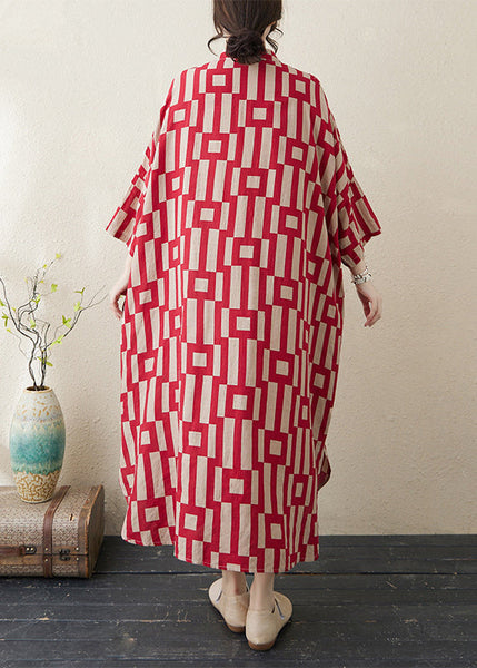 Red Side Open Collar Stylish Stand Striped Bracelet Dress Long FashionChic