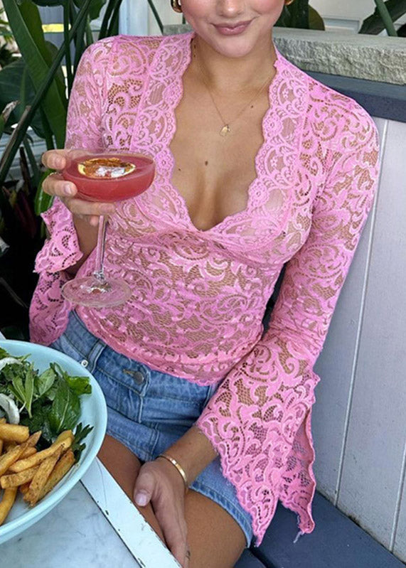 Red T Sleeve Flare Neck Lace Stylish Shirts V FashionChic