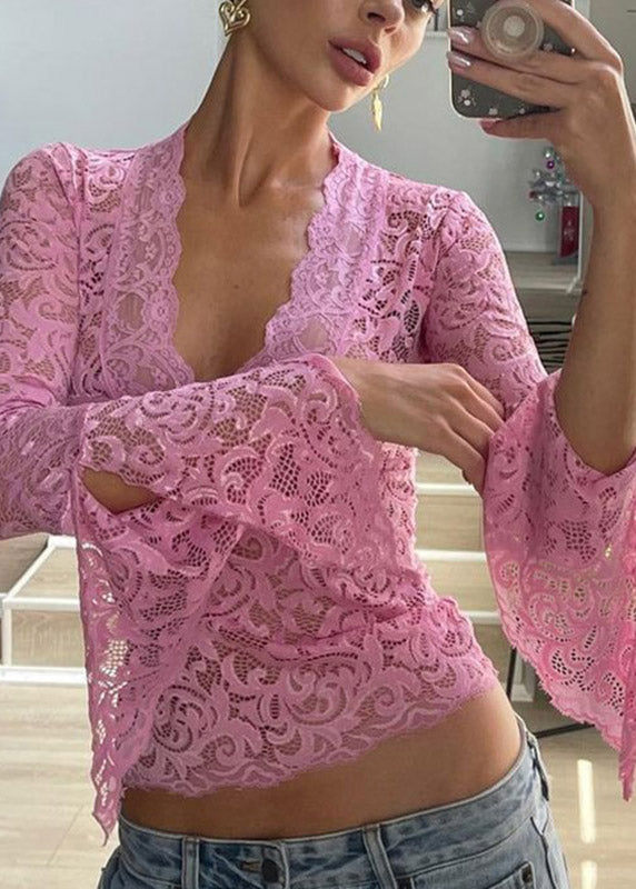 Red T Sleeve Flare Neck Lace Stylish Shirts V FashionChic