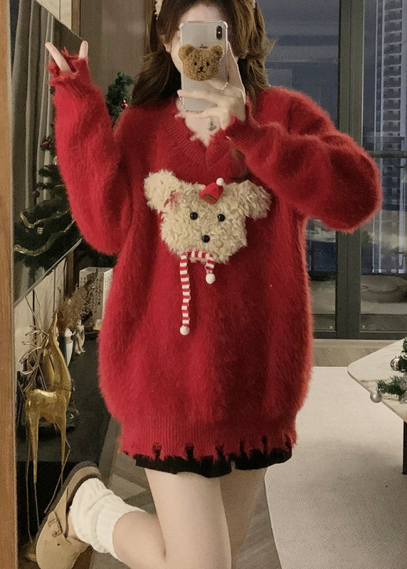 Stylish Red V Neck Mink Hair Knitted Ripped Sweaters Winter RG035 ABC