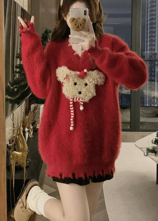 Stylish Red V Neck Mink Hair Knitted Ripped Sweaters Winter RG035 ABC