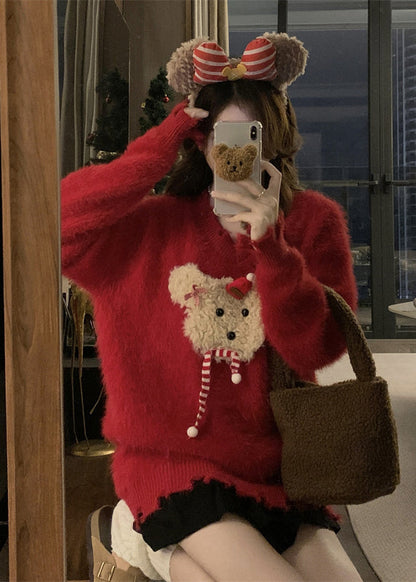 Stylish Red V Neck Mink Hair Knitted Ripped Sweaters Winter RG035 ABC