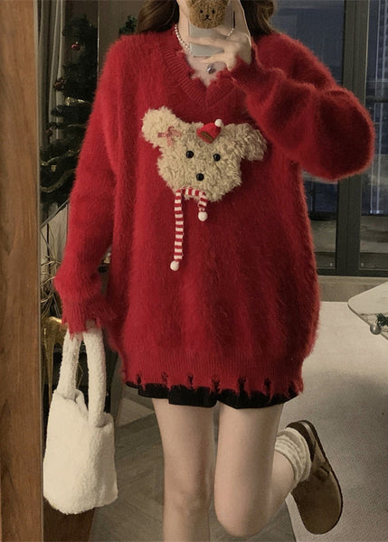 Stylish Red V Neck Mink Hair Knitted Ripped Sweaters Winter RG035 ABC