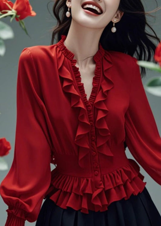 Stylish Red V Neck Ruffled Button Cotton Blouses Spring RL048 ABC