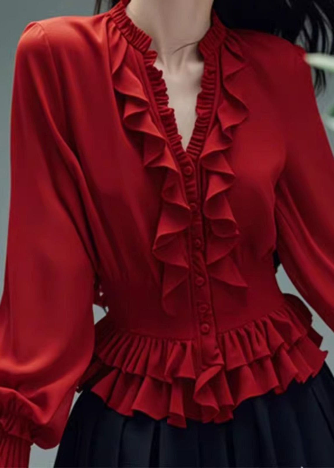 Stylish Red V Neck Ruffled Button Cotton Blouses Spring RL048 ABC