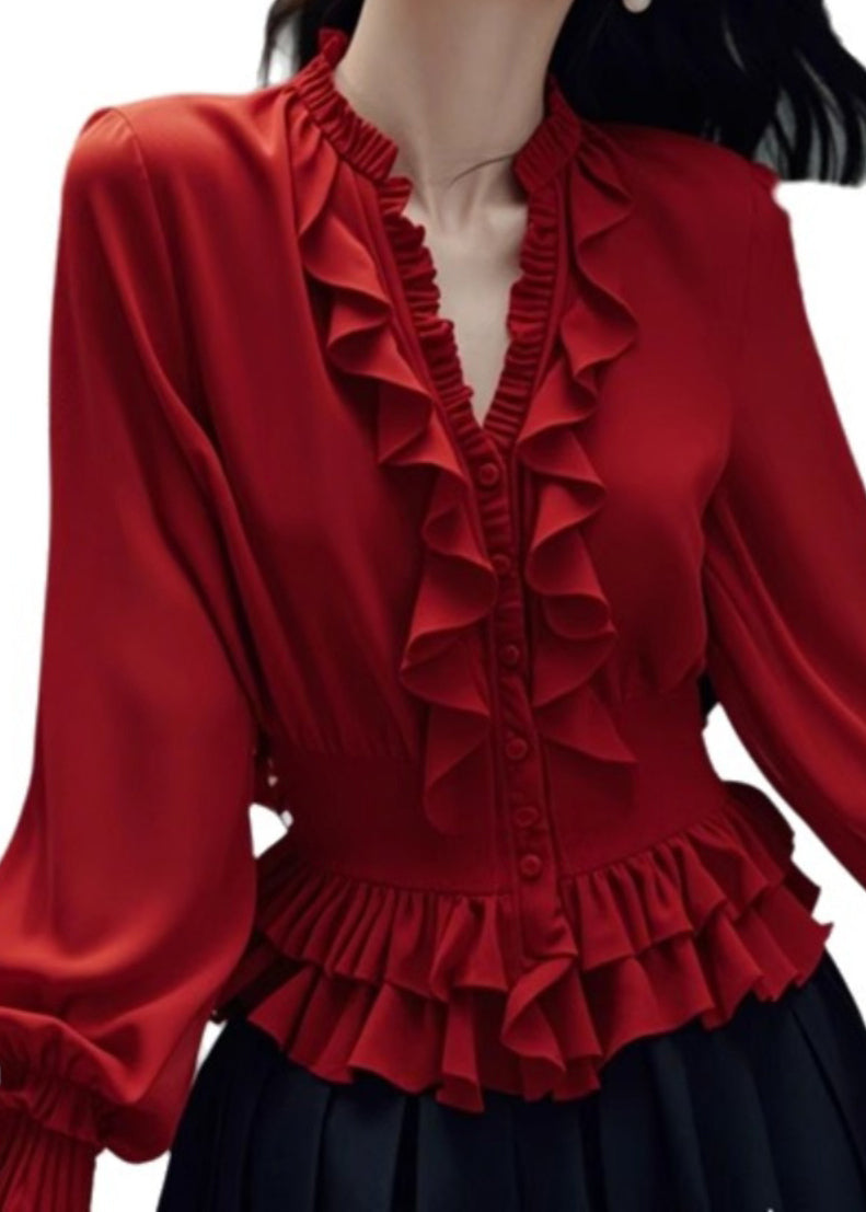 Stylish Red V Neck Ruffled Button Cotton Blouses Spring RL048 ABC