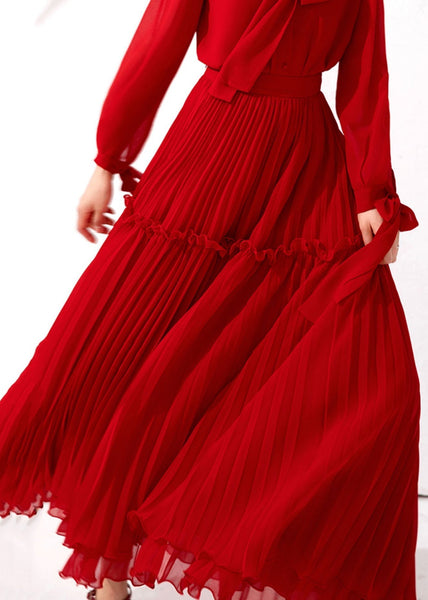 Stylish Red Wrinkled High Waist Chiffon Exra Large Hem Skirts Fall QR037 OM-ZS240929