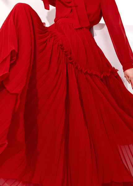 Stylish Red Wrinkled High Waist Chiffon Exra Large Hem Skirts Fall QR037 OM-ZS240929