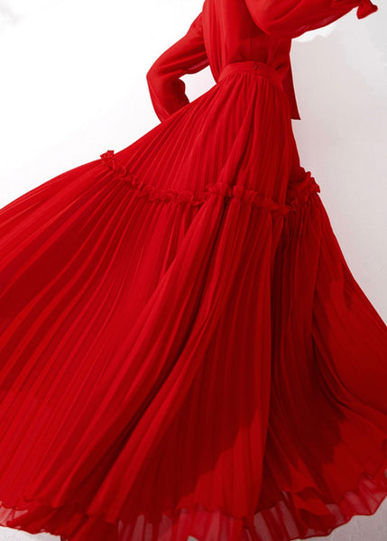 Stylish Red Wrinkled High Waist Chiffon Exra Large Hem Skirts Fall QR037 OM-ZS240929