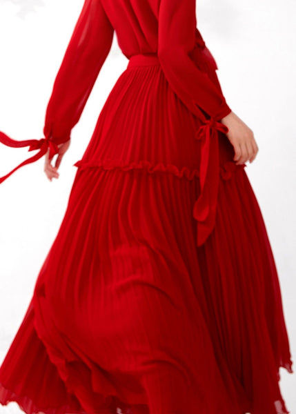 Stylish Red Wrinkled High Waist Chiffon Exra Large Hem Skirts Fall QR037 OM-ZS240929