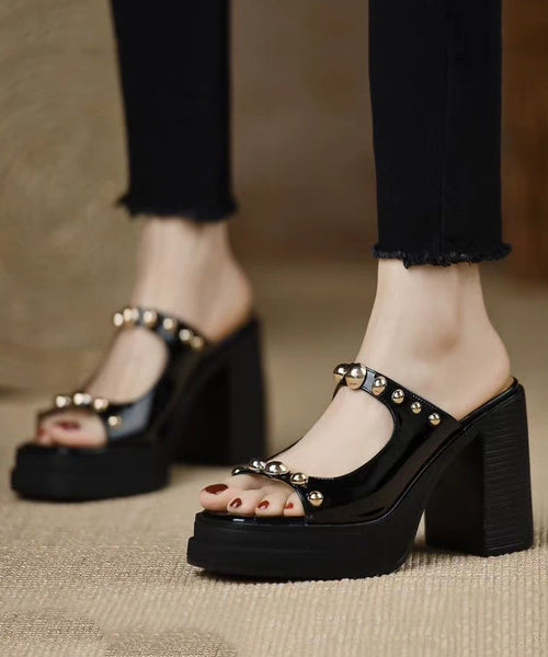Rivet Leather Stylish Heel Cowhide Black Chunky Slide Splicing FashionChic