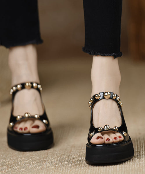 Rivet Leather Stylish Heel Cowhide Black Chunky Slide Splicing FashionChic