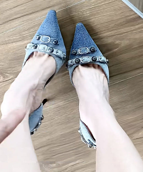 Fabric High Stiletto Heels Stylish Blue Denim Rivet Splicing FashionChic
