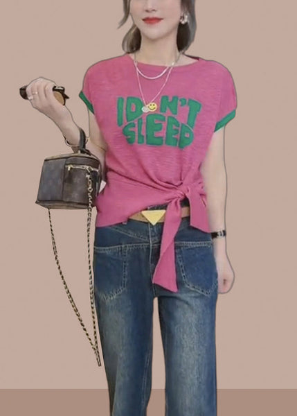 Stylish Rose O-Neck Tie A Knot Ice Silk T Shirts Summer BV010 MZF-STP240702