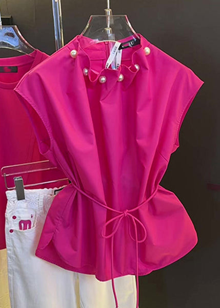 Pearl Waist Rose Summer Tie Stylish Tops Cotton FashionChic