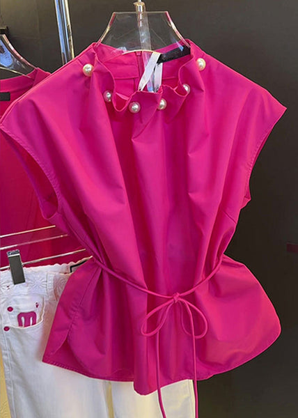 Pearl Waist Rose Summer Tie Stylish Tops Cotton FashionChic