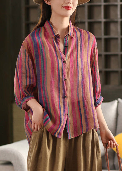 Rose Pan Peter Bracelet Linen Collar Shirts Stylish Striped FashionChic