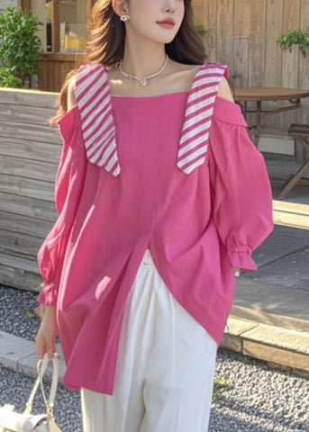 Shirt Side Open Spring False Two Rose Stylish Pieces Cotton FashionChic