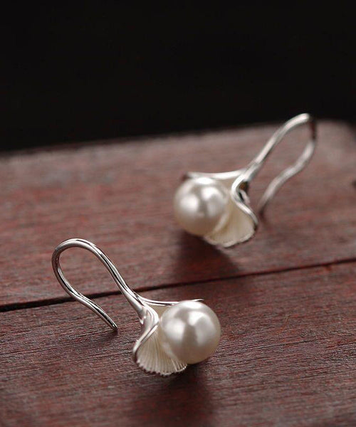 Stylish Leaves Earrings Silk Sterling Silver Stud Ginkgo Pearl FashionChic