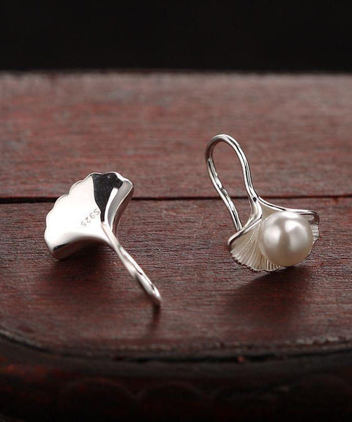 Stylish Leaves Earrings Silk Sterling Silver Stud Ginkgo Pearl FashionChic