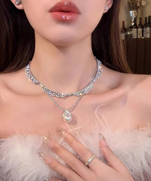 Stylish Silk Sterling Silver Zircon Double Layer Pearl Pendant Necklace YD005 ABC