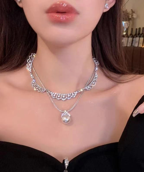 Stylish Silk Sterling Silver Zircon Double Layer Pearl Pendant Necklace YD005 ABC