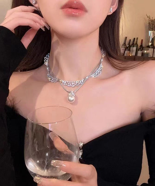 Stylish Silk Sterling Silver Zircon Double Layer Pearl Pendant Necklace YD005 ABC