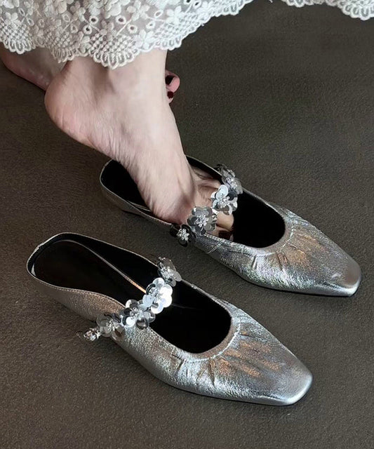 Slide Stylish Silver Leather Sandals Faux Splicing FashionChic