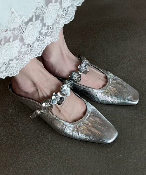 Slide Stylish Silver Leather Sandals Faux Splicing FashionChic